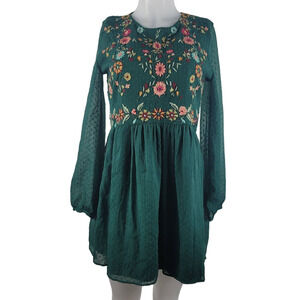 Zara Trafaluc Collection Hunter Green Floral Embroidered Bohemian Dress M